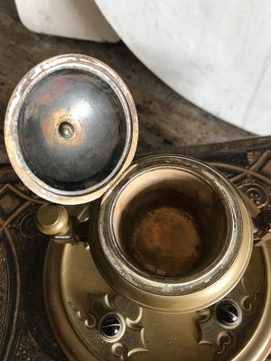 A bronze Gothic Revival agate inlaid inkwell and pen tray