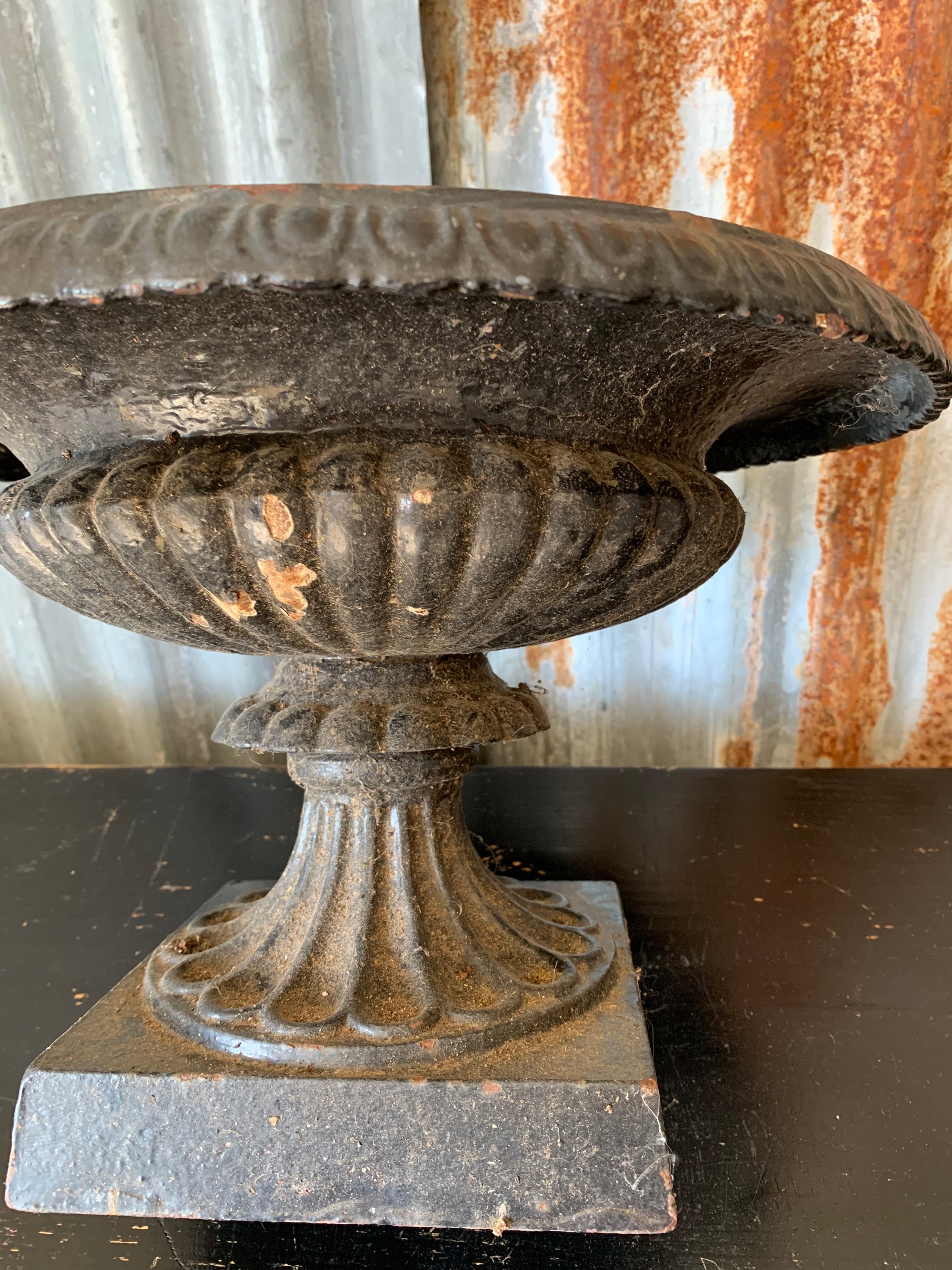 A cast iron black tazza urn