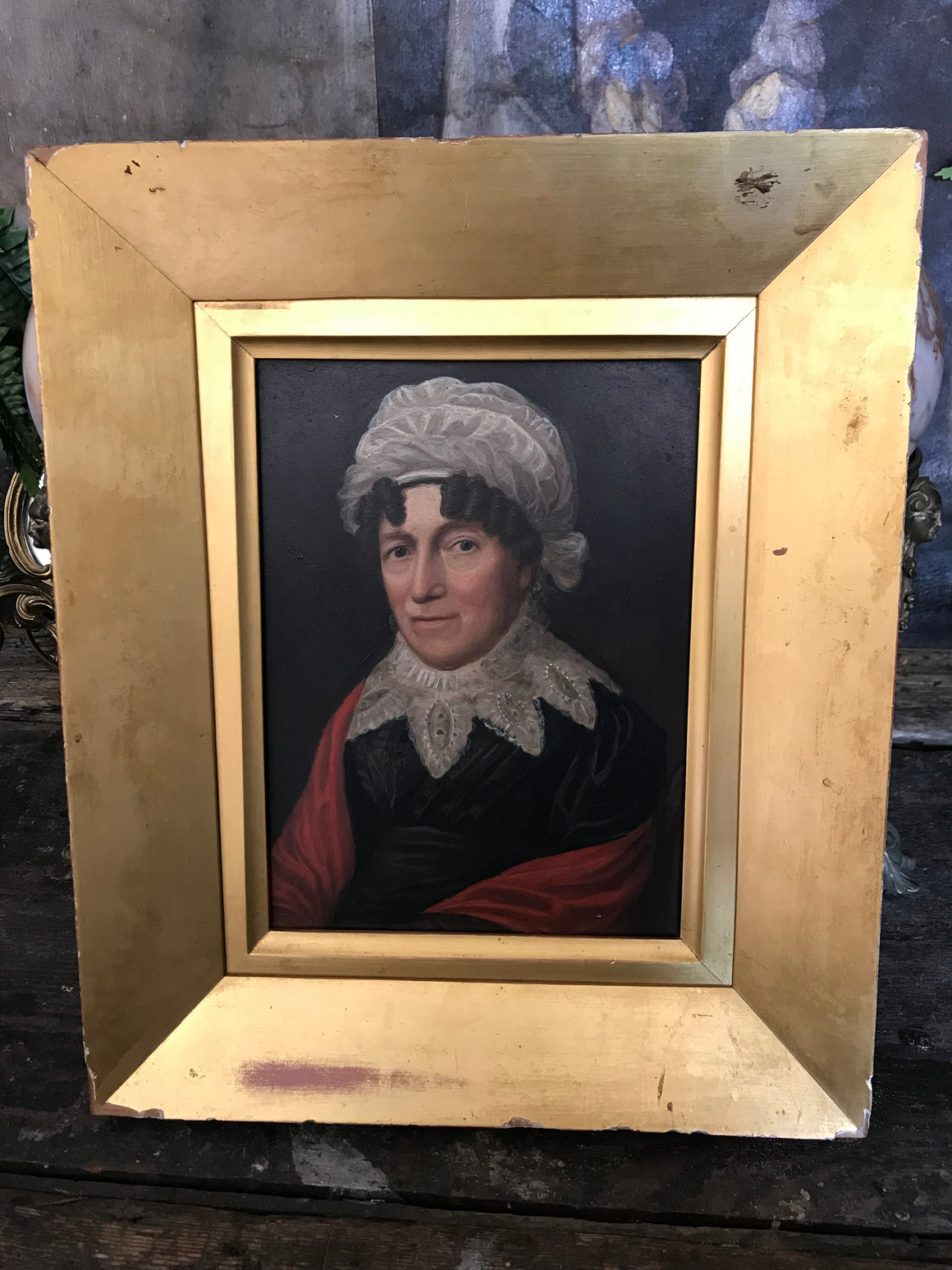 A Regency/Georgian oil on board portrait painting of an older lady