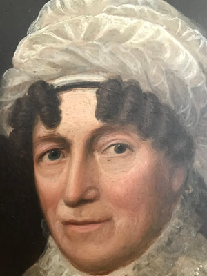 A Regency/Georgian oil on board portrait painting of an older lady