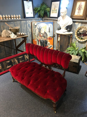 Red velvet and mahogany button seat salon settee or sofa