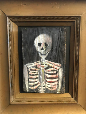 A small Memento Mori naive skeleton vanitas oil painting