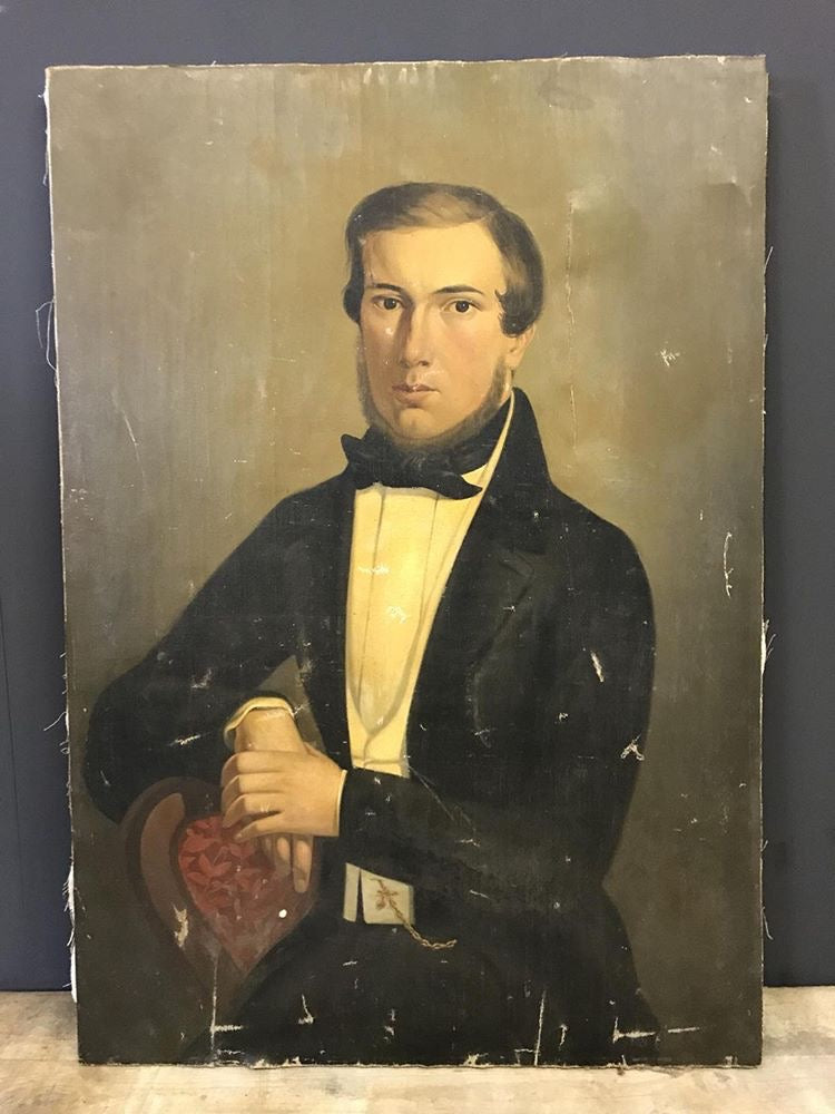 A pair of large 19th Century French chateau oil portraits- lady and gentleman