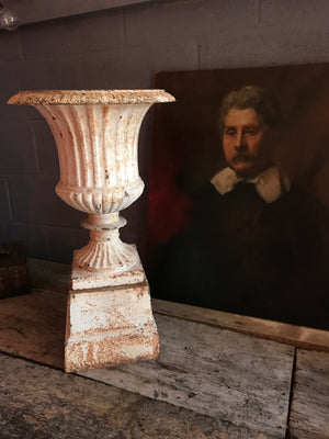 A white cast iron metal garden urn on a pedestal