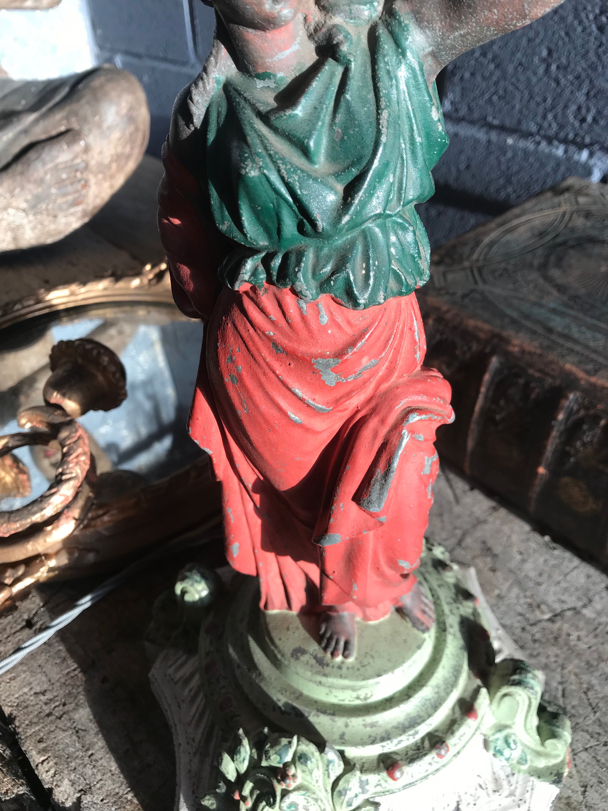 A cold painted spelter figural lady lamp