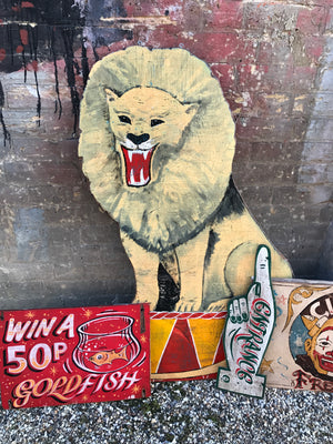 A hand painted ‘ringmaster’ circus lion fairground panel