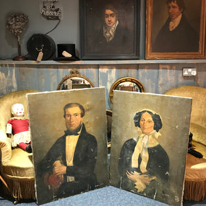 A pair of large 19th Century French chateau oil portraits- lady and gentleman