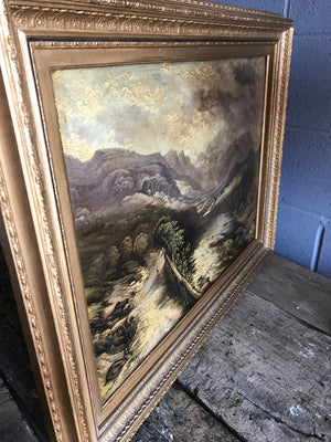 A 19th Century landscape oil painting depicting a mountain and river setting