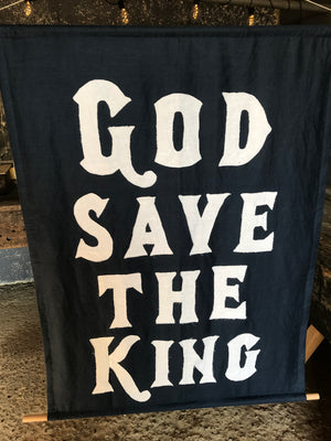 A blue WWI centenary coronation banner: "God Save The King"