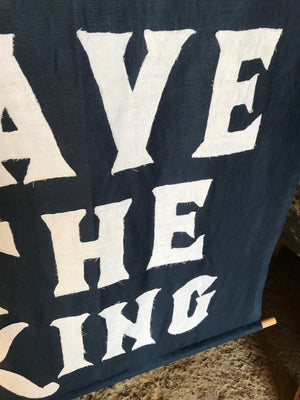A blue WWI centenary coronation banner: "God Save The King"