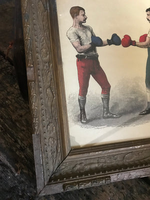 A contemporary bare knuckle boxing print in a 19th Century frame