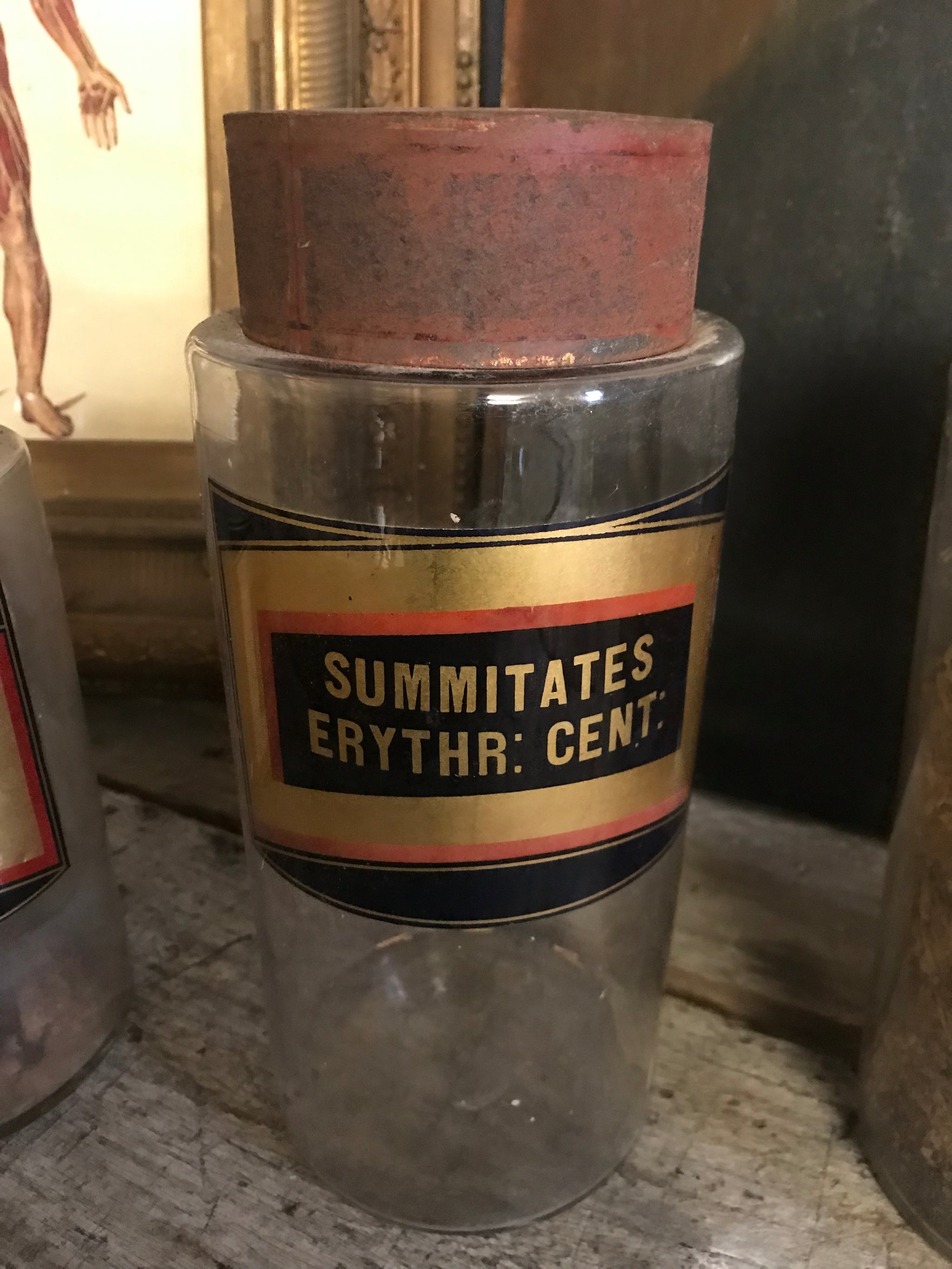 A collection of six gilt label large glass apothecary jars