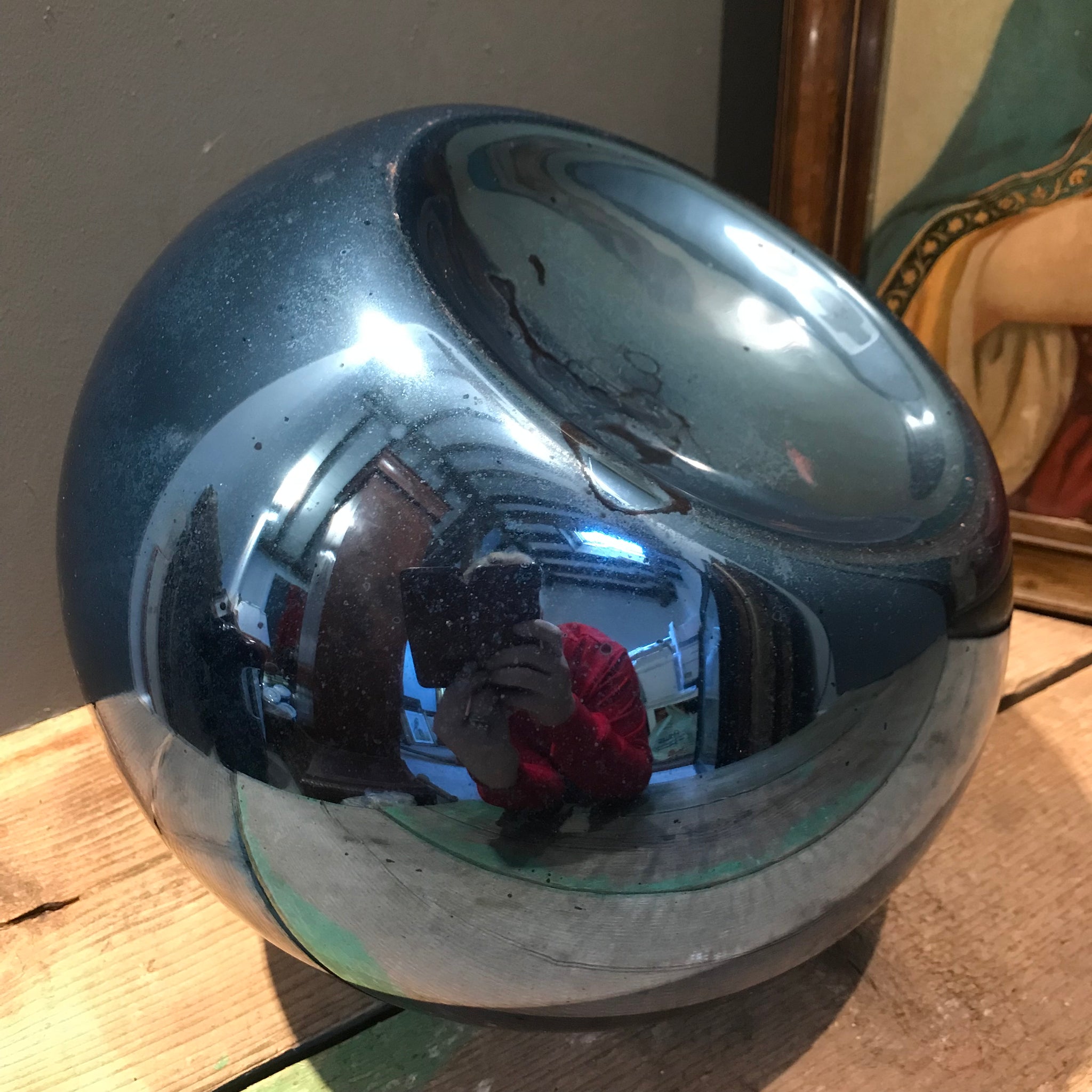 A cobalt blue mercury glass witches ball 33”