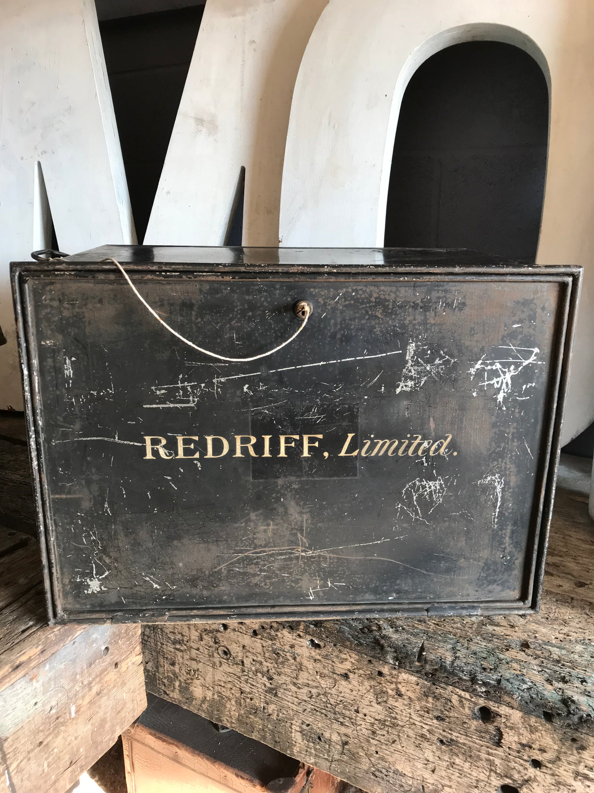 A 19th Century black metal Redriff Limited deed box with lock and key
