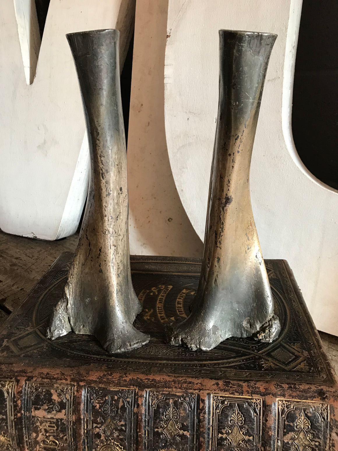 A rare pair of silvered cow bone vases