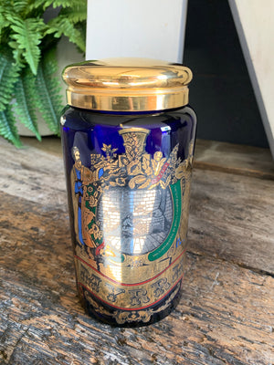 A cobalt blue glass myrrh apothecary jar by the Royal Pharmaceutical Society