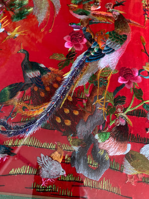 A large Chinese silk embroidery picture of exotic birds- Red