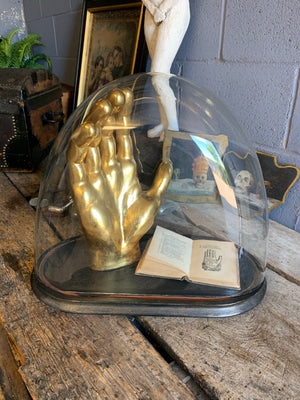A large lollipop glass dome housing a palmistry display