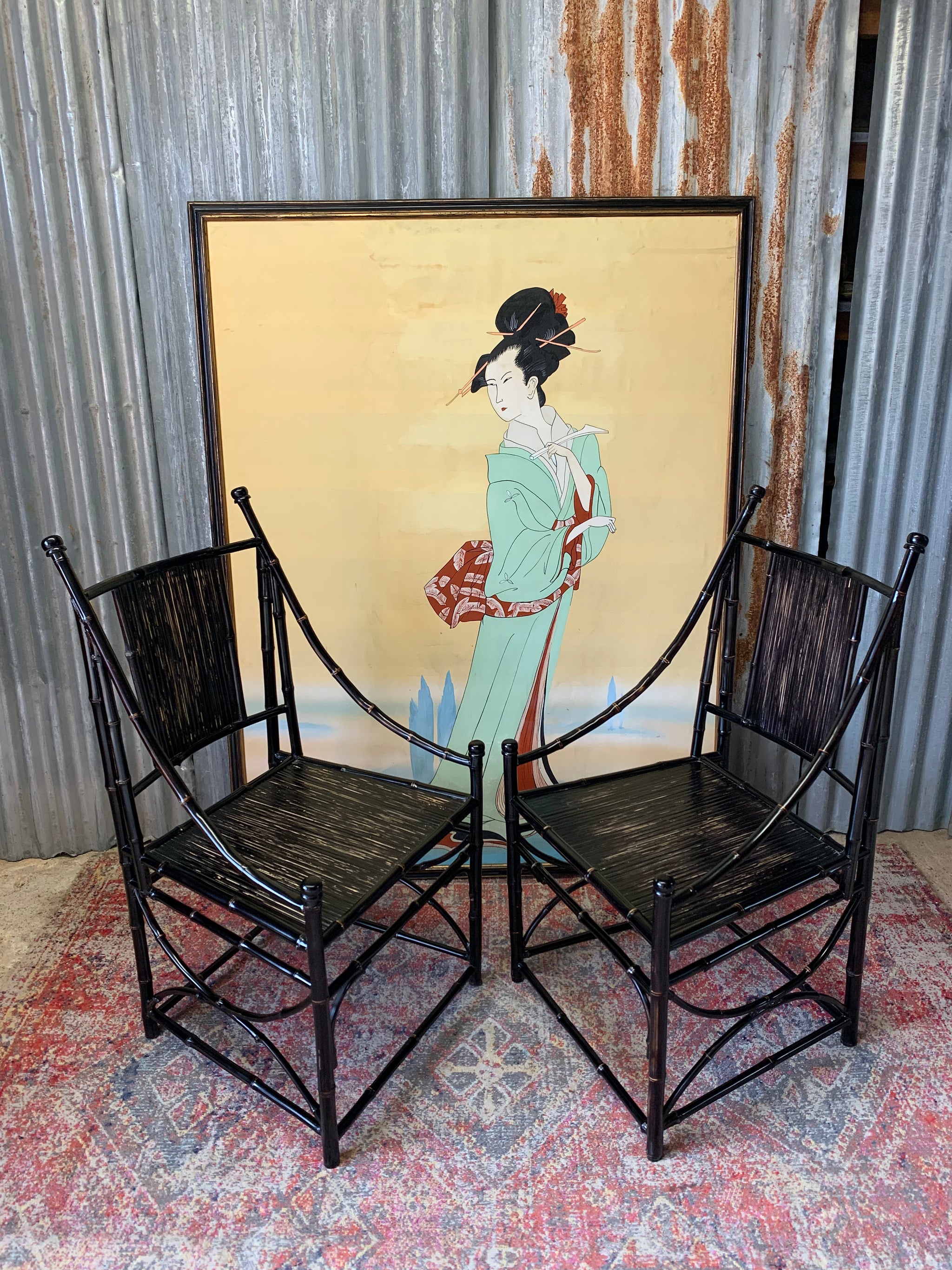 A pair of black lacquered bamboo throne chairs Belle and Beast