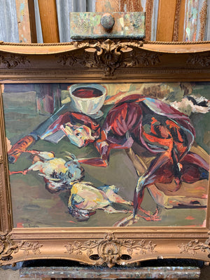 A large Expressionist butcher’s scene still life painting