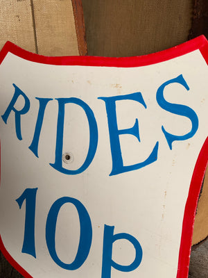 A hand painted fairground advertising sign - Rides 10p