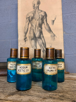 A collection of five blue glass apothecary bottles with hand-painted labels