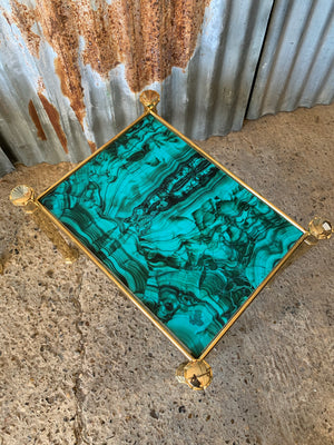 A pair of Hollywood Regency brass and simulated malachite side tables