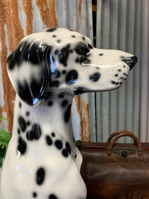 A large ceramic Dalmatian dog statue made by Ceramiche Boxer
