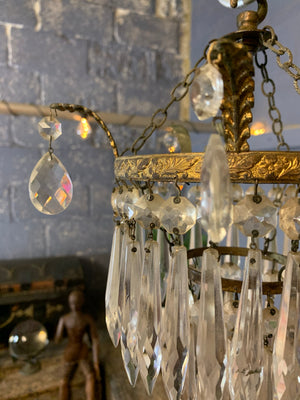 A petite gilt two tier crystal icicle droplet chandelier ~1