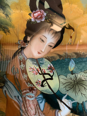 A very large reverse painted glass Geisha picture