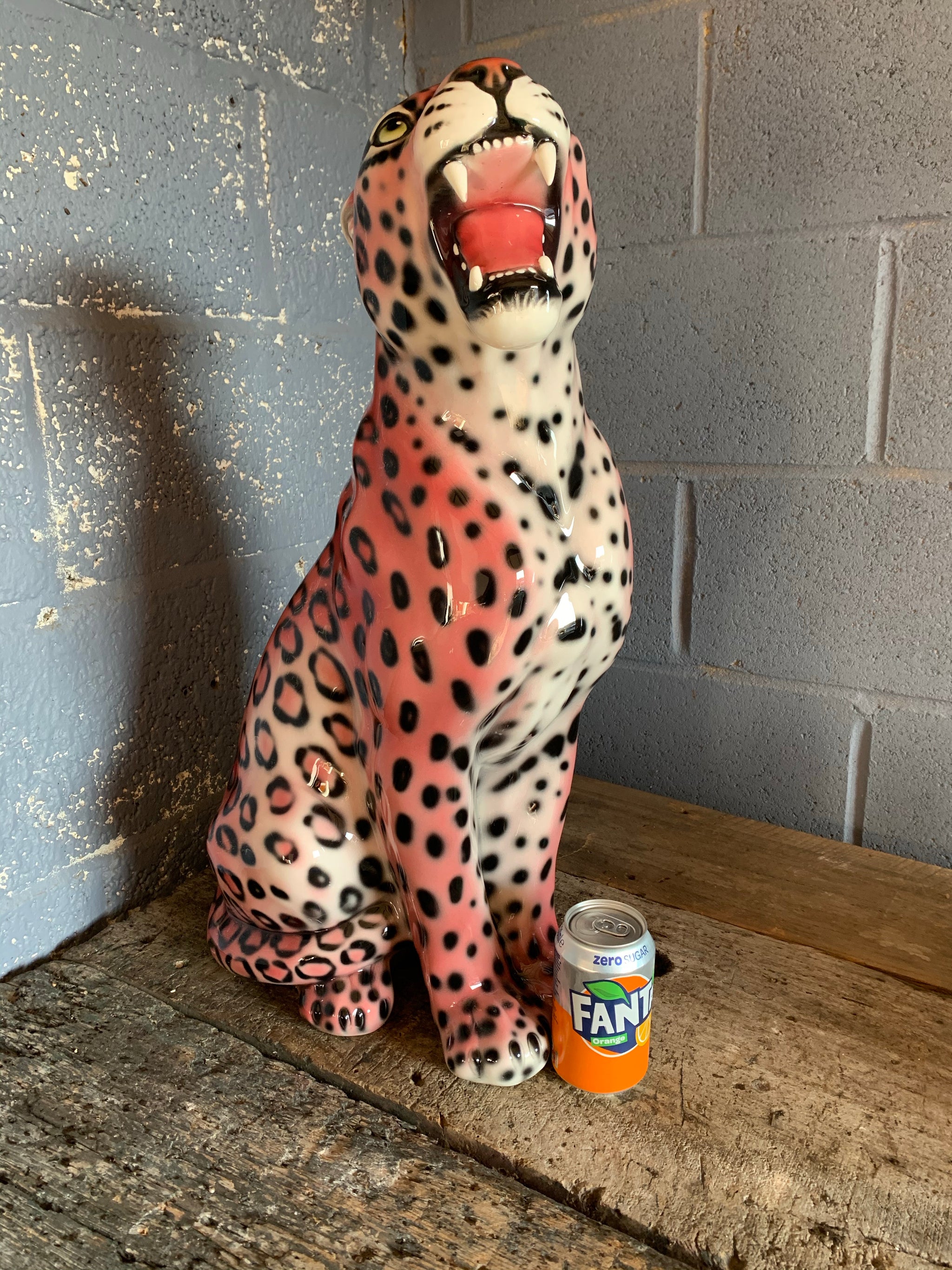 A large pink ceramic leopard statue made in Italy - Belle and Beast Emporium