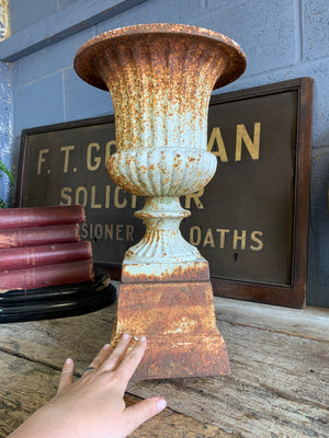 A white cast iron pedestal urn