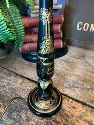 A black Chinoiserie table lamp