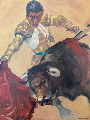 A framed oil on canvas painting of a matador
