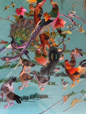A large Chinese silk embroidery picture of exotic birds- Teal