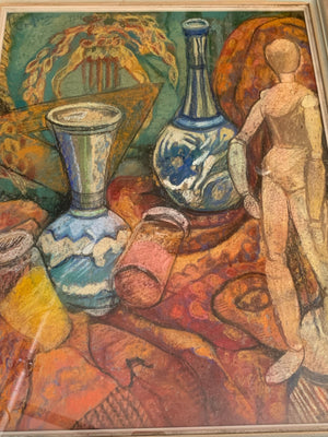 A signed chalk pastel still life with lay figure