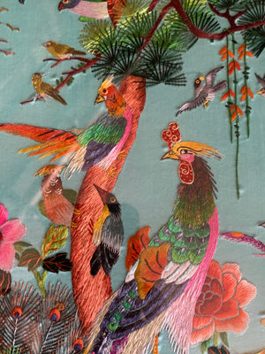 A large Chinese silk embroidery picture of exotic birds- Teal