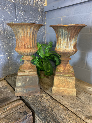 A large pair of cast iron campana urns on pedestals