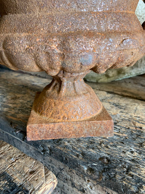 A pair of cast iron urns with handles
