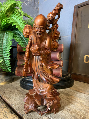 A carved rosewood statue of Shou Lao