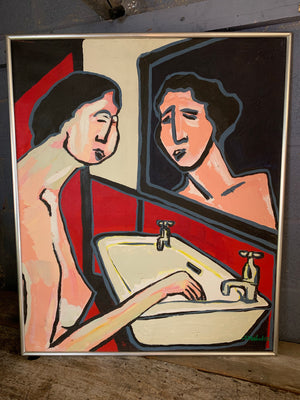 A large bathroom scene nude oil on canvas painting