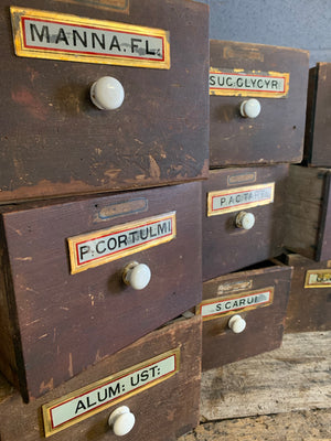 Apothecary drawers with original glass labels - available individually