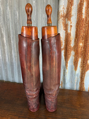 A pair of Peal & Co. brown leather military riding boots and wooden lasts for A. V. G. Paley
