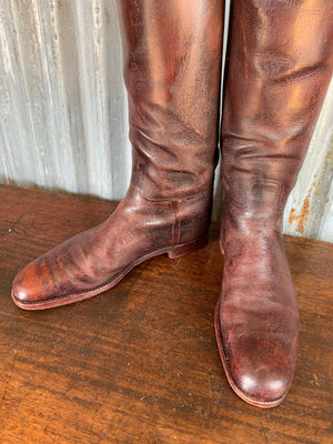 A pair of Peal & Co. brown leather military riding boots and wooden lasts for A. V. G. Paley