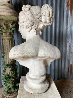 A cast stone bust of Venus (or Aphrodite) on a pedestal