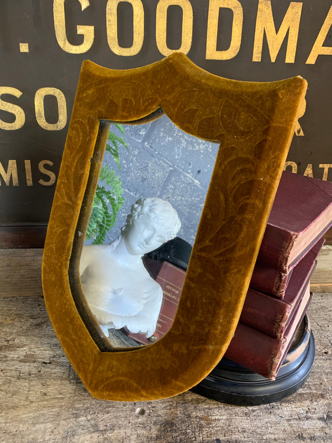 A Victorian gold velvet shield mirror