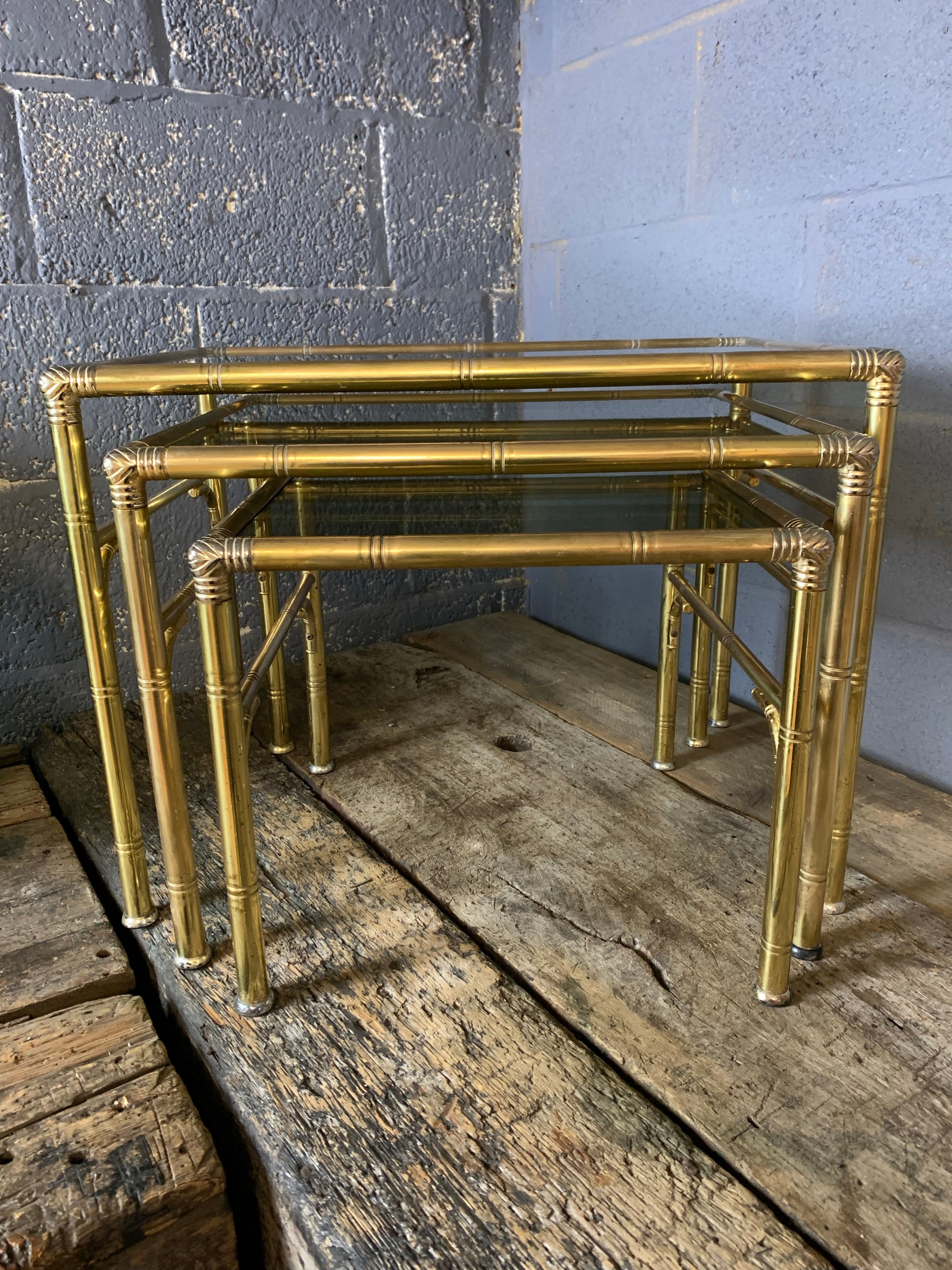 A brass and glass Hollywood Regency nest of faux bamboo tables - Belle and  Beast Emporium