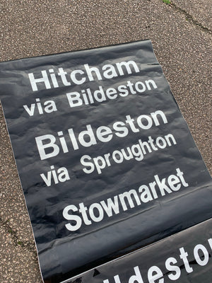 A vintage bus blind roller sign: Ipswich, Clacton, Bury St Edmunds, Stowmarket