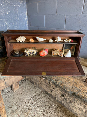 A mahogany locking drop front cabinet with internal shelf