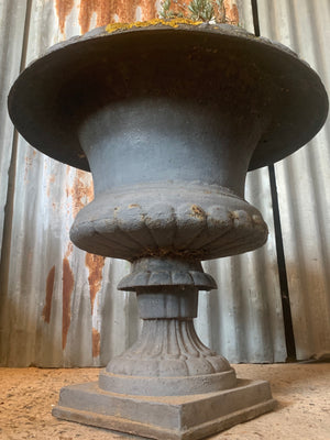 A large grey cast iron campana urn